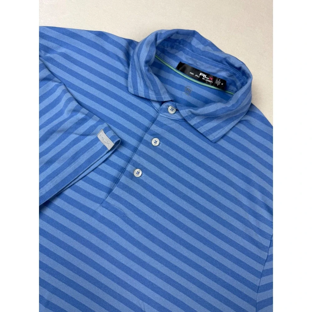 RLX Ralph Lauren Golf Polo Shirt Striped Performance Blue Short Sleeve Medium